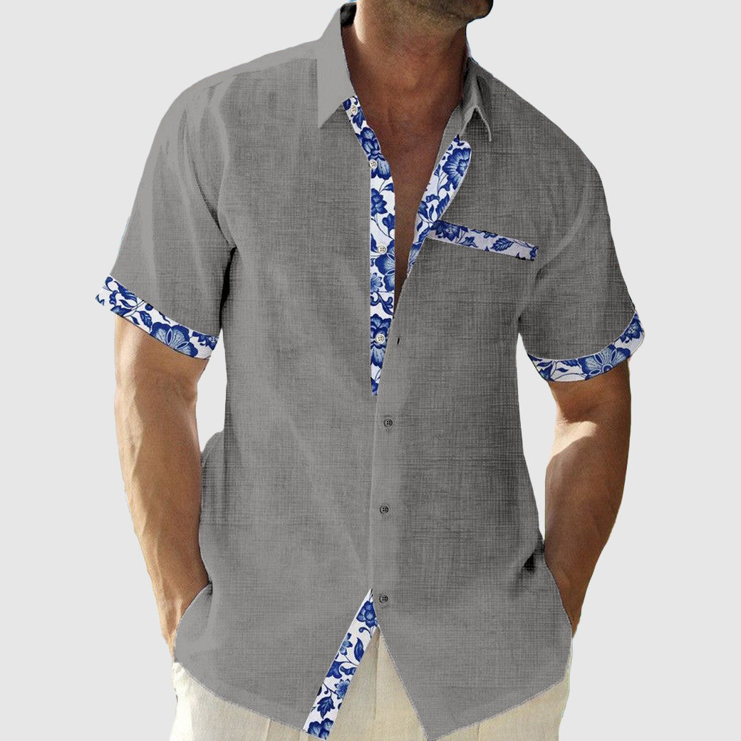 Men's beige linen tailored-fit shirt with floral trim accents on collar and cuffs for beachwear