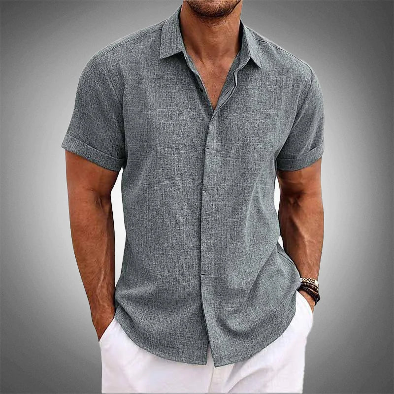 Men's tropical print linen blend short sleeve shirt, breathable relaxed fit with utilitarian design