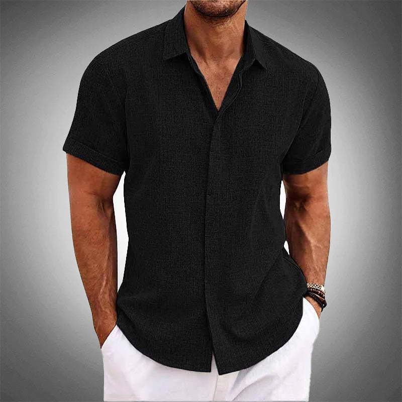 Men's tropical print linen blend short sleeve shirt, breathable comfort fit with vibrant botanical pattern