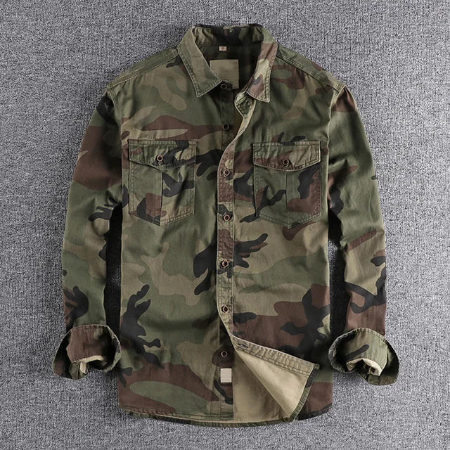 Theodore Willow urban camo cotton shirt with dual chest pockets, military-inspired button-up outdoor style