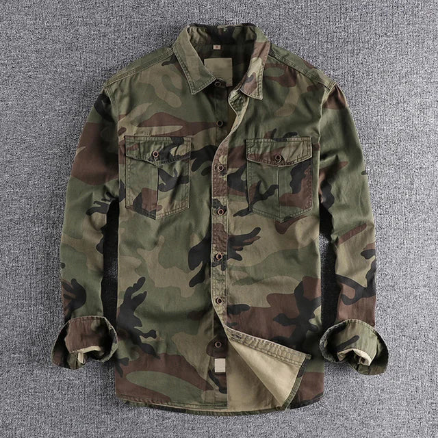 Theodore Willow urban camo cotton shirt with dual chest pockets, military-inspired button-up outdoor style