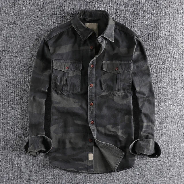 Theodore Willow urban camo cotton shirt with chest pockets, military-inspired button closure design
