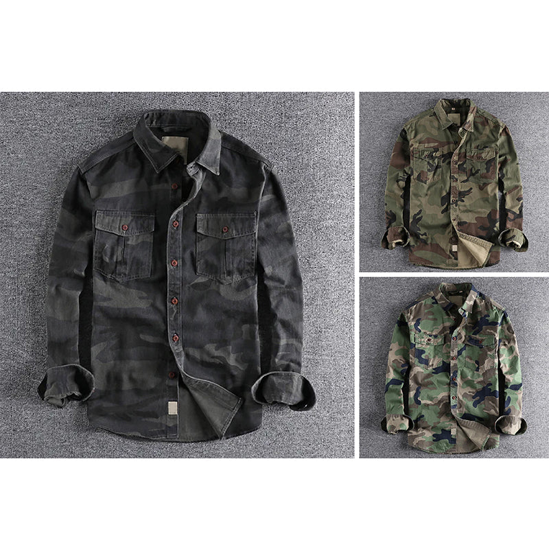 Theodore Willow urban camo cotton shirt with chest pockets, military-inspired button closure design