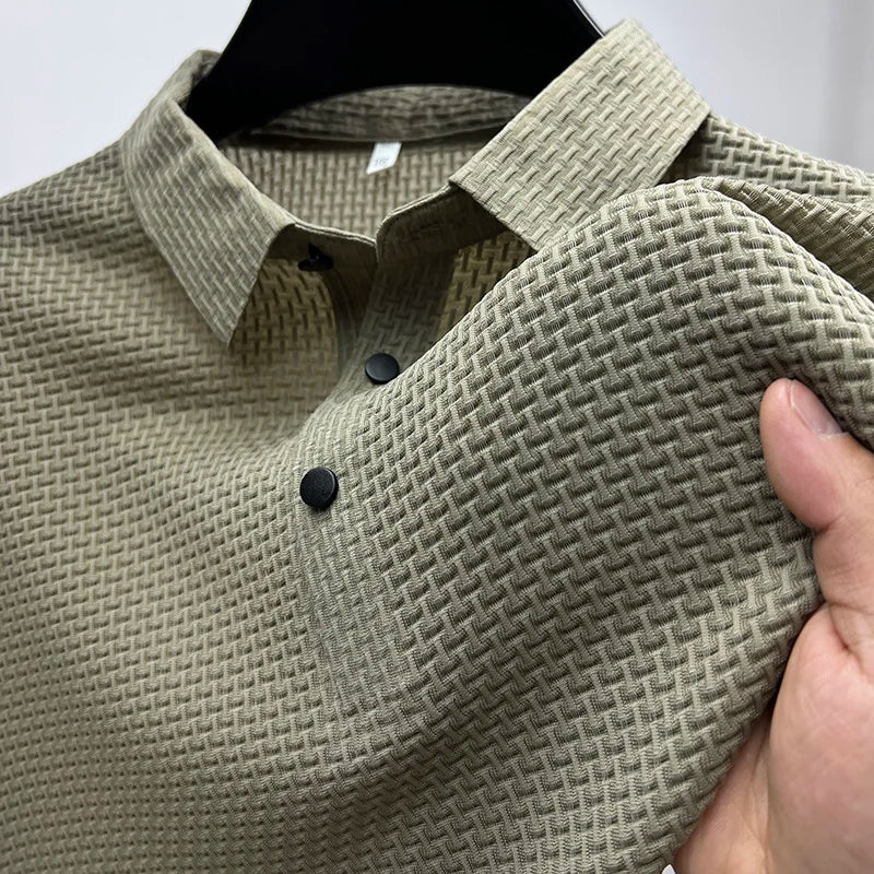 Men's olive green knitted polo shirt regular fit classic collar breathable polyester everyday versatile style