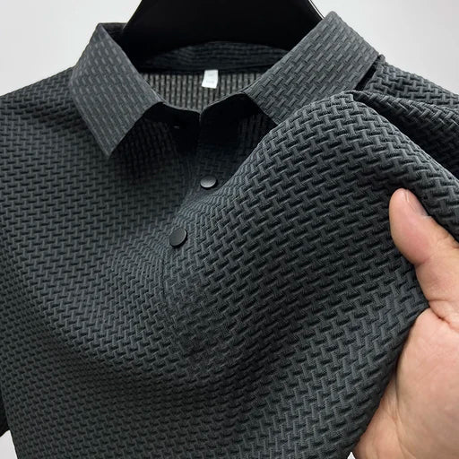 Men's olive green knitted polo shirt regular fit classic collar breathable polyester year-round style