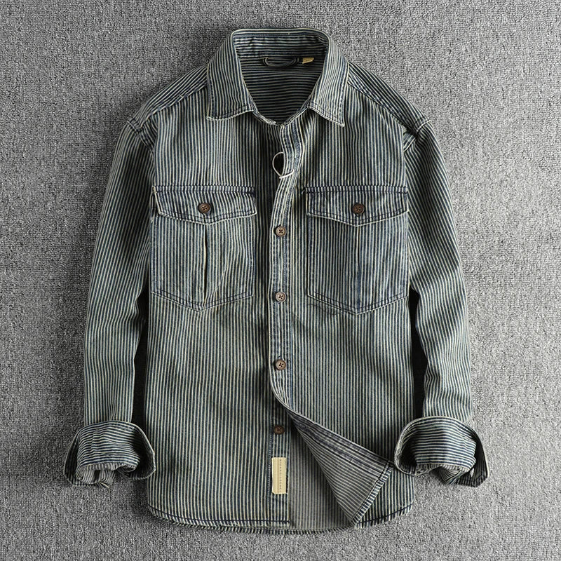 Vintage denim shirt subtle striped pattern classic relaxed fit timeless everyday style blue cotton