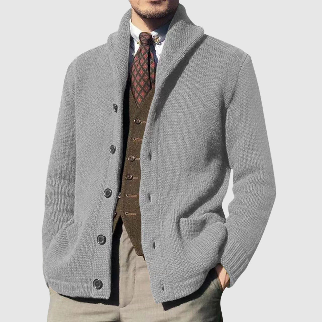 Women's vintage knit cardigan relaxed fit lapel collar acrylic blend timeless elegant layering piece