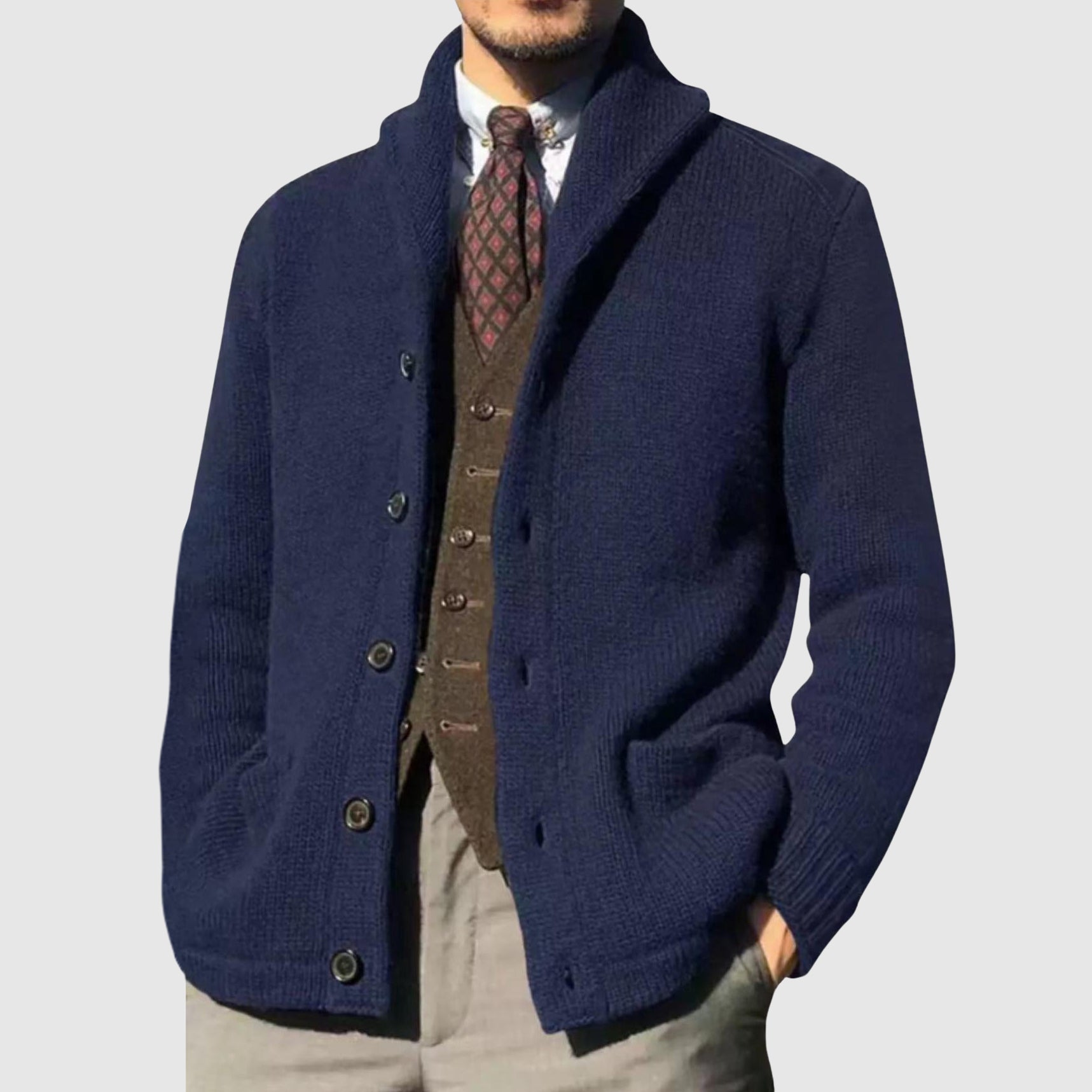 Women's vintage knit cardigan relaxed fit lapel collar luxurious acrylic blend timeless elegant style