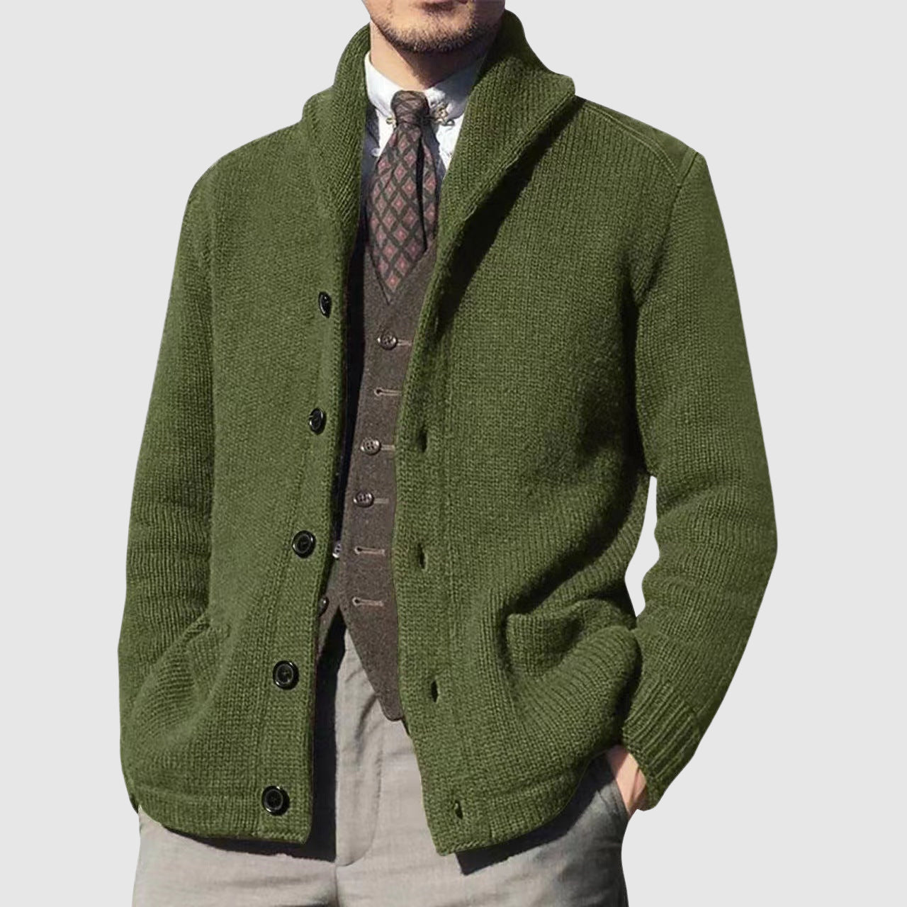 Women's vintage knit cardigan relaxed fit lapel collar acrylic blend neutral tones layering essential
