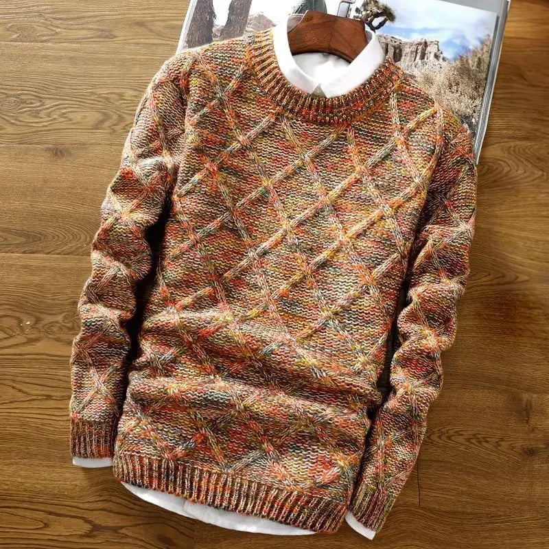 Vibrant multicolor woolen crewneck pullover with bold geometric knit pattern and cozy relaxed fit