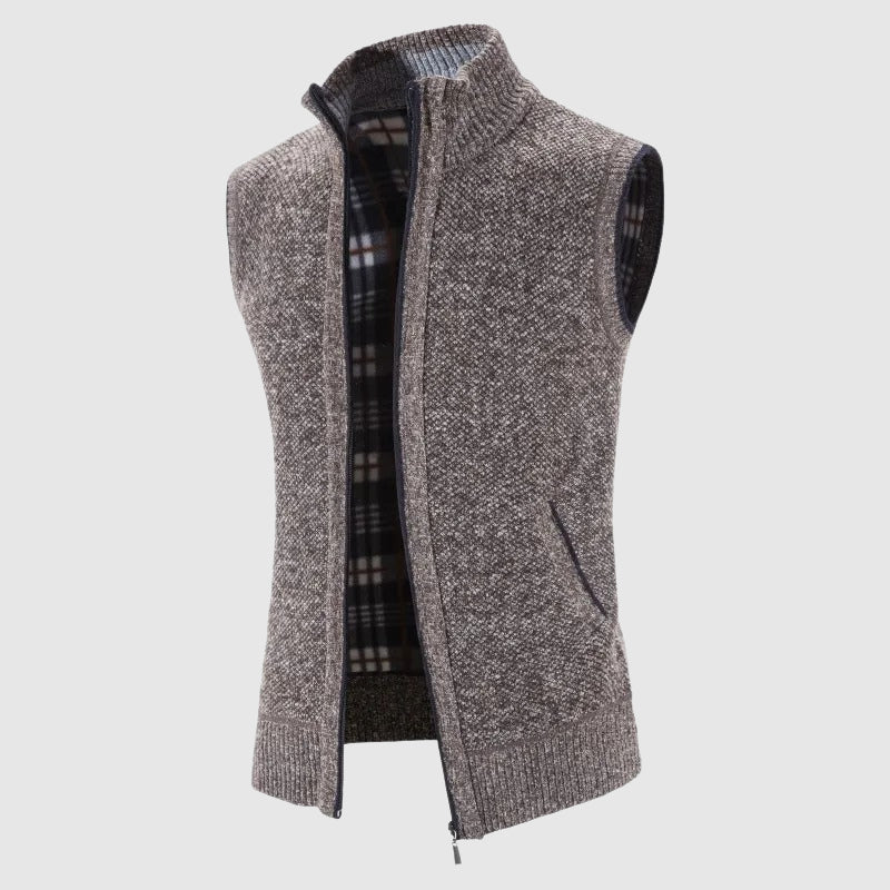 Men's premium wool knit vest with zipper closure, cozy lining, tailored fit, sleek layering essential