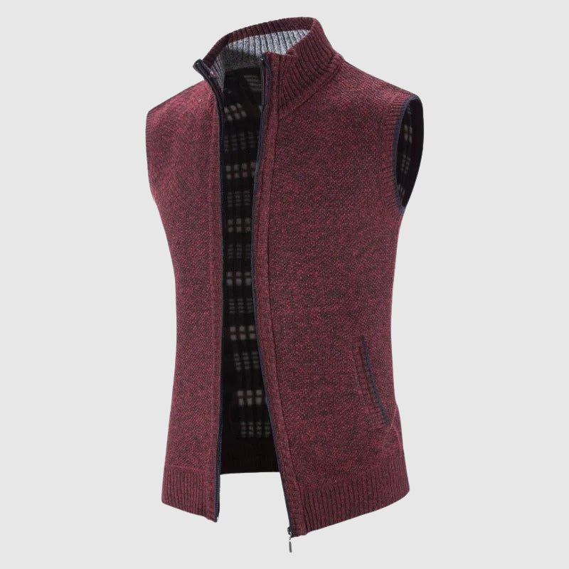 Men's premium wool knit vest with zipper closure, cozy lining, tailored fit, sleek layering essential
