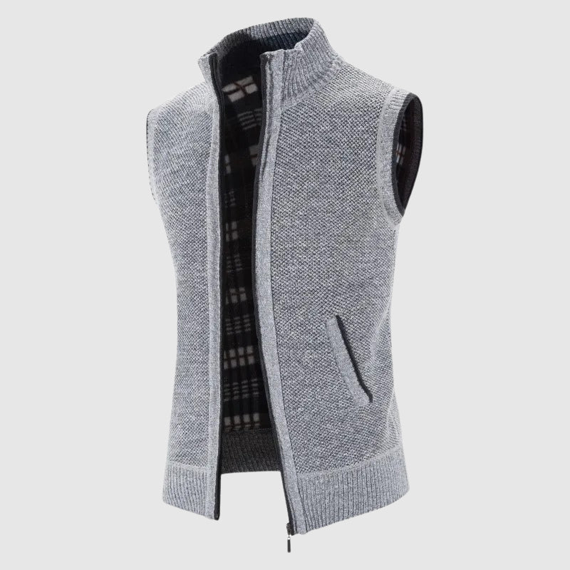 Men's premium wool knit vest with zipper closure, cozy lining, tailored fit, sleek layering essential