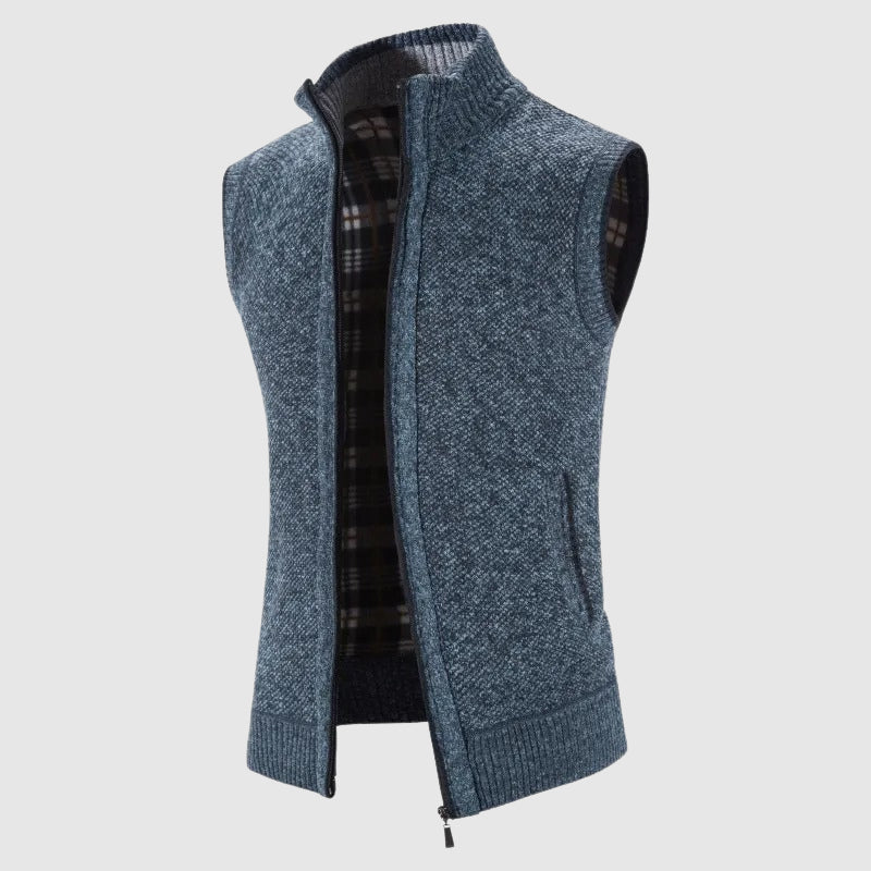 Men's premium wool knit vest with zipper closure, cozy lining, tailored fit, sleeveless layering essential