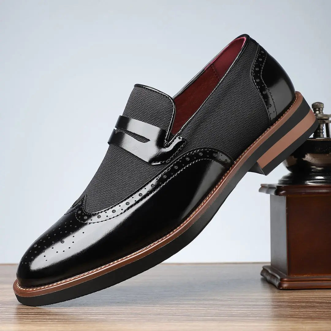 Men's tan leather brogue loafers with woven upper detailing and slip-on design for all-day comfort