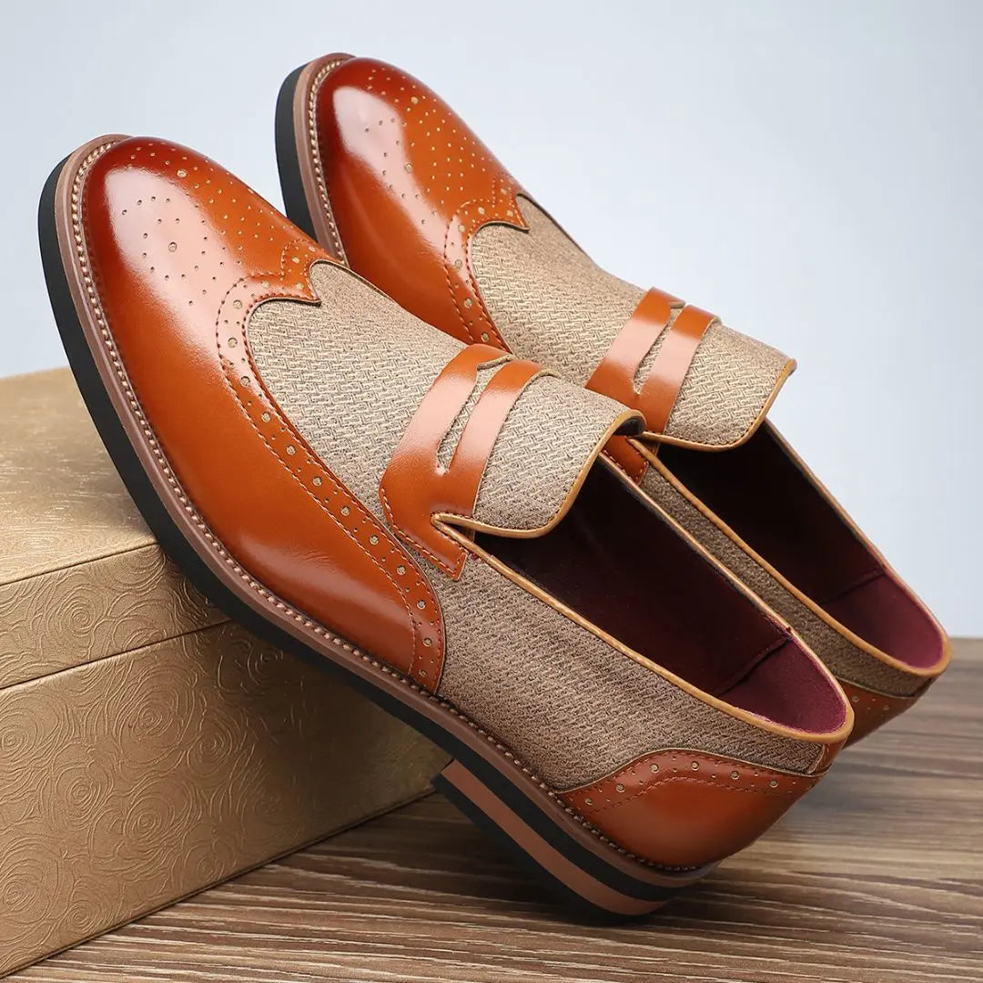 Men's brown premium leather brogue loafers with woven upper and intricate perforated detailing