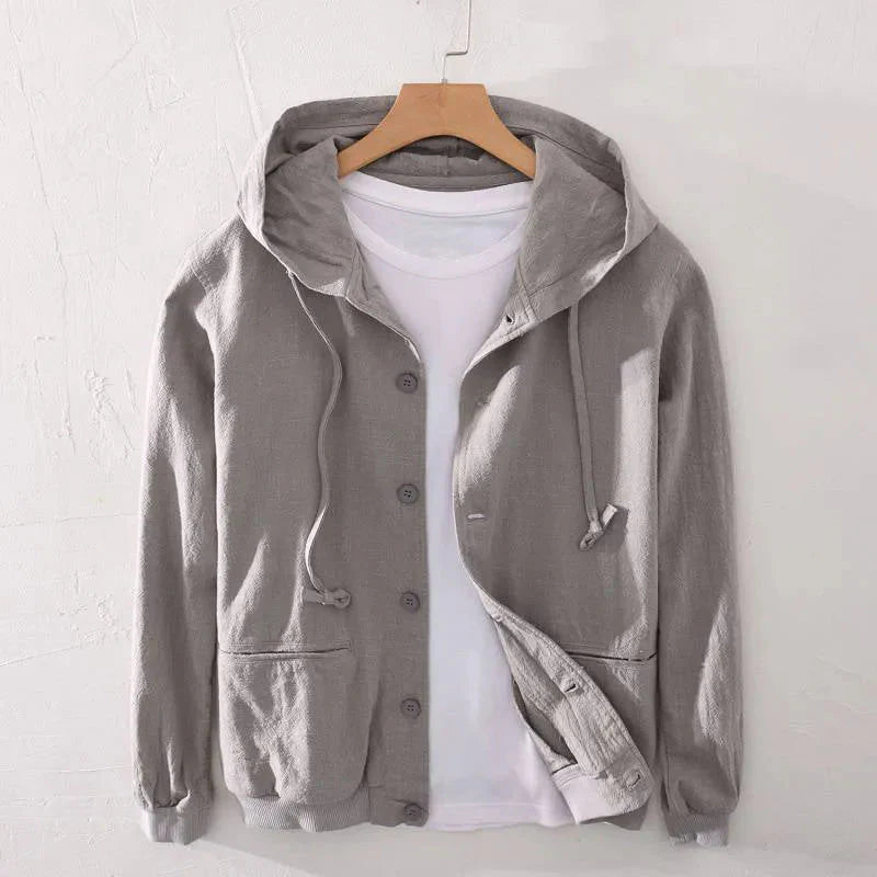 Men's lightweight linen blend hoodie relaxed fit button-up breathable everyday comfort casual style