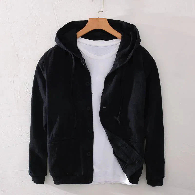 Men's lightweight linen blend hoodie button-up relaxed fit breathable everyday casual layer