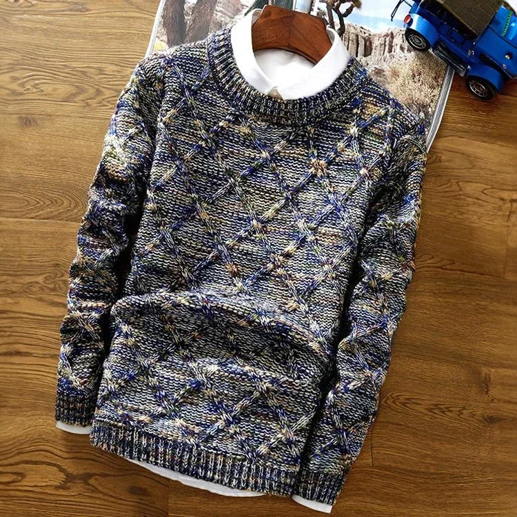 Vibrant multicolor woolen crewneck pullover with bold geometric knit pattern and cozy relaxed fit