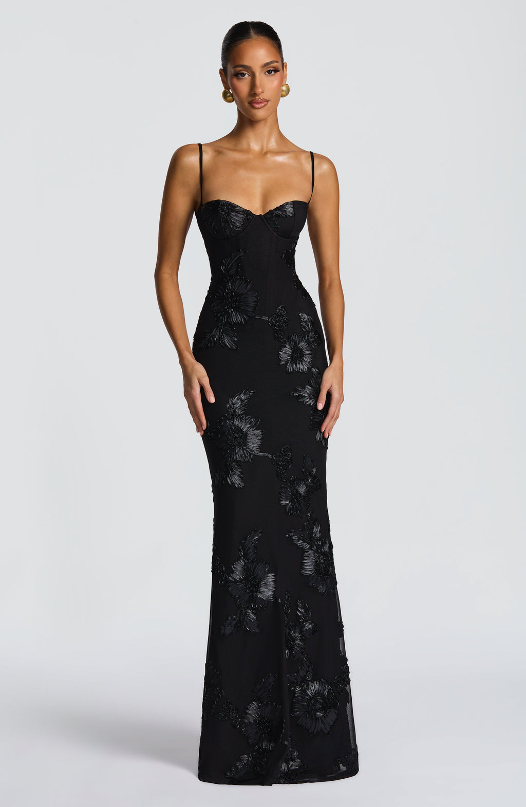 Ivory floral jacquard corset maxi dress with ethereal detailing and sculpted floor-length silhouette