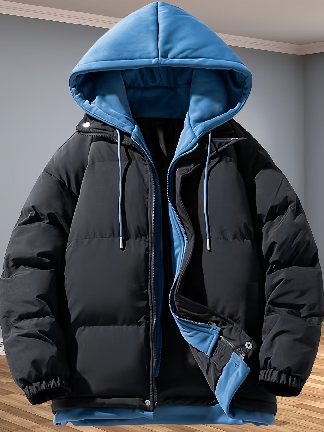 Unisex black hooded winter jacket double-insulated thermal design for extreme cold outdoor wear
