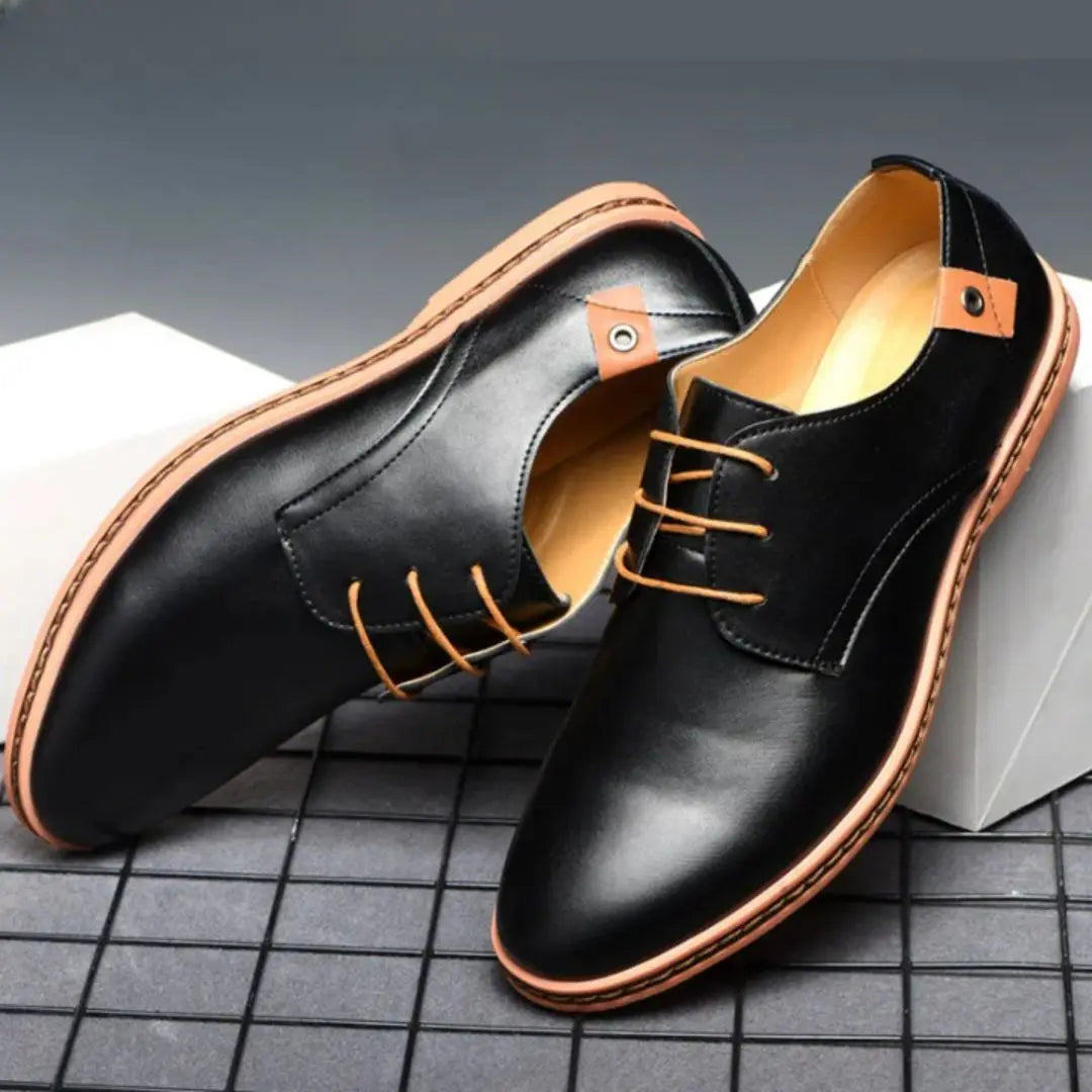 Black derby shoes polished synthetic leather contrasting sole professional luxury comfort formal style