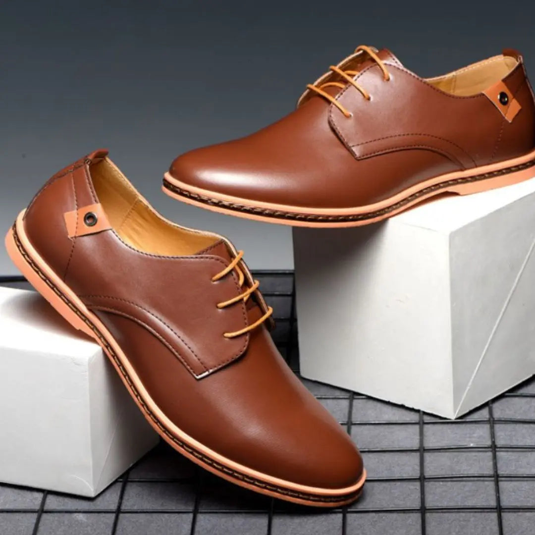 Black derby shoes polished synthetic leather contrasting sole sleek professional style