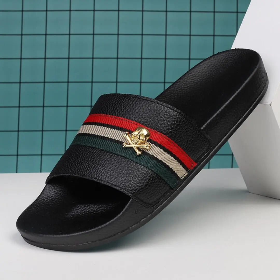 Men's black street slides with bold tricolor color-block strap and contoured sole soft PU leather upper