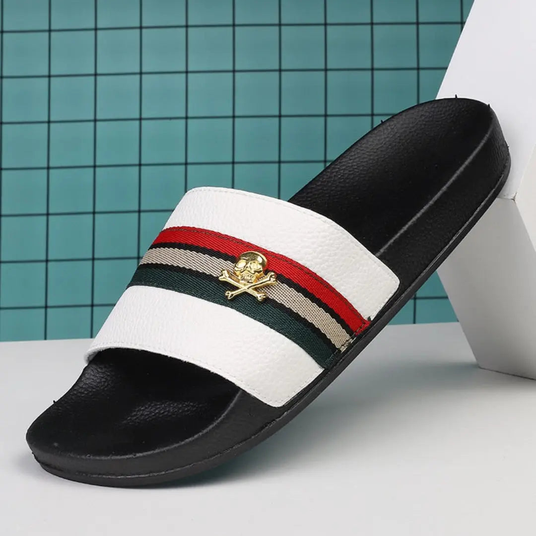 Men's black street slides with bold tricolor color-block strap and contoured sole soft PU leather upper