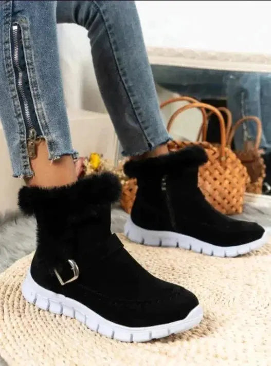 Women's black velvet mid-calf boots with plush lining, thick sole, casual winter warmth