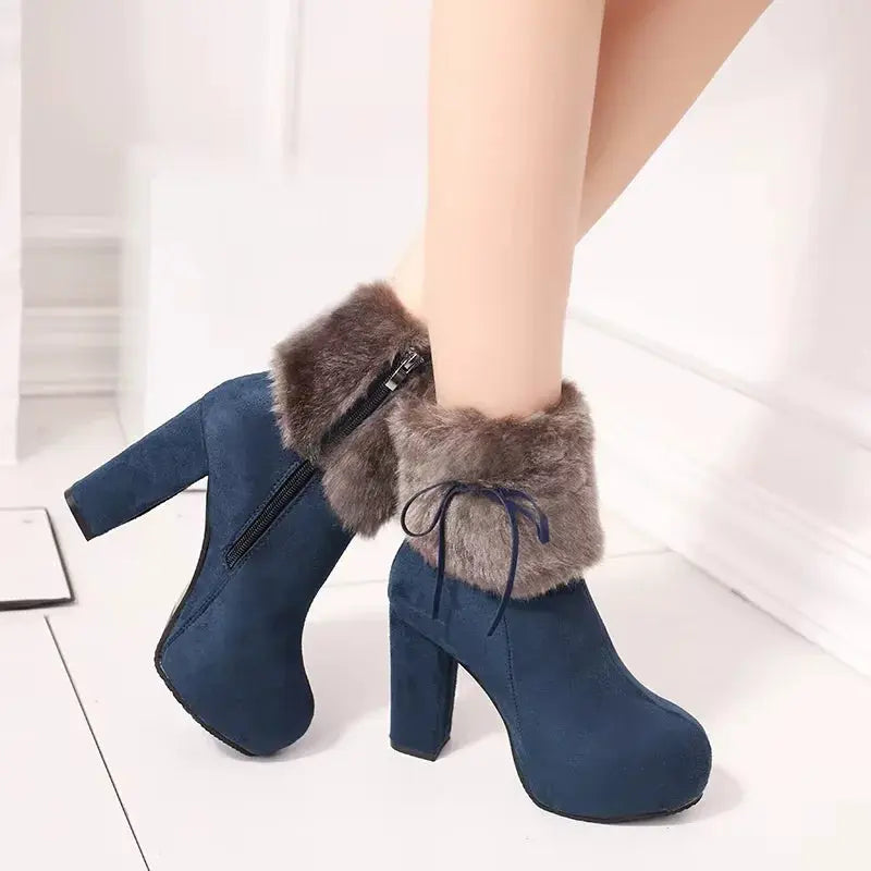 Women's black suede fur-lined platform high heel boots with cozy cashmere lining and thick sole