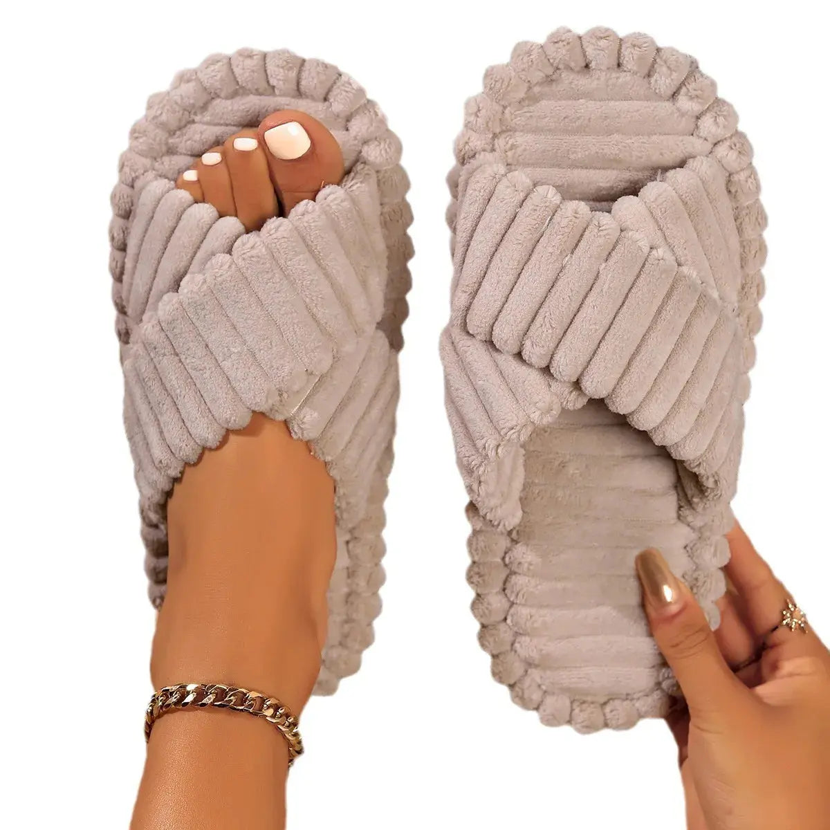 Women's plush slippers with thick cushioned sole, cozy foam lining, warm slip-on design for all-day comfort