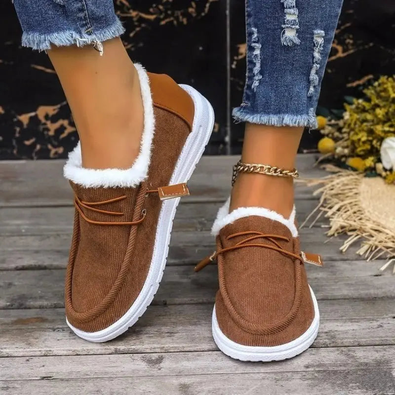 Women's velvet winter shoes with plush lining, cozy thick comfort slip-on style in rich warm tones