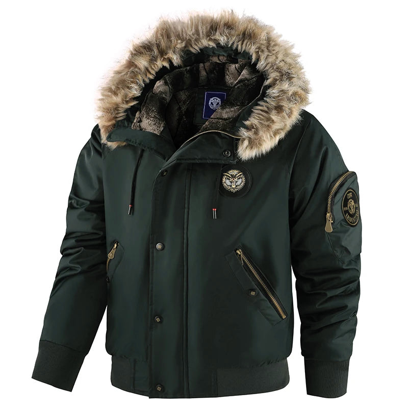 Men's black padded bomber jacket relaxed fit hip-length faux fur trim hood winter outdoor