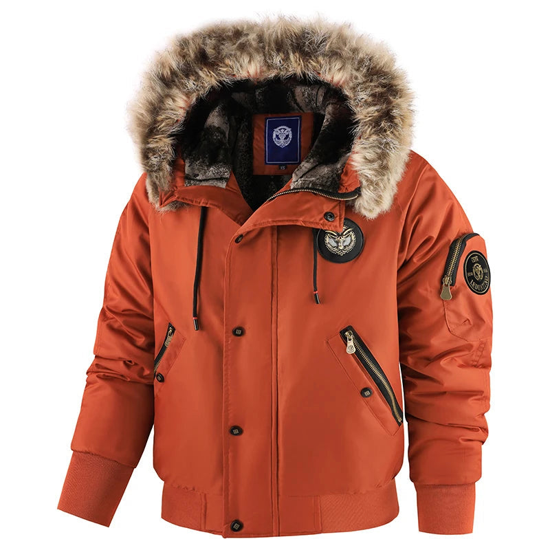 Men's olive padded bomber jacket relaxed fit hip-length faux fur trim hood winter outdoor