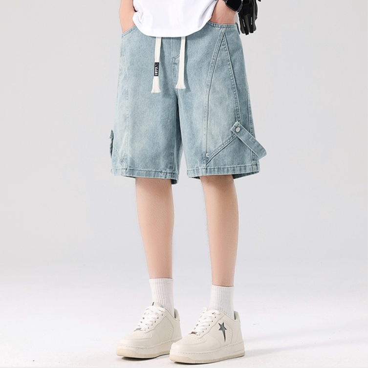 Light wash denim shorts relaxed fit vintage fade angled pockets drawstring waist streetwear style