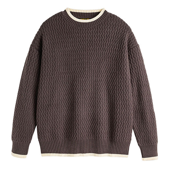 Men's relaxed fit crewneck sweater with ribbed cuffs, contrast trim, and subtle wavy texture pattern