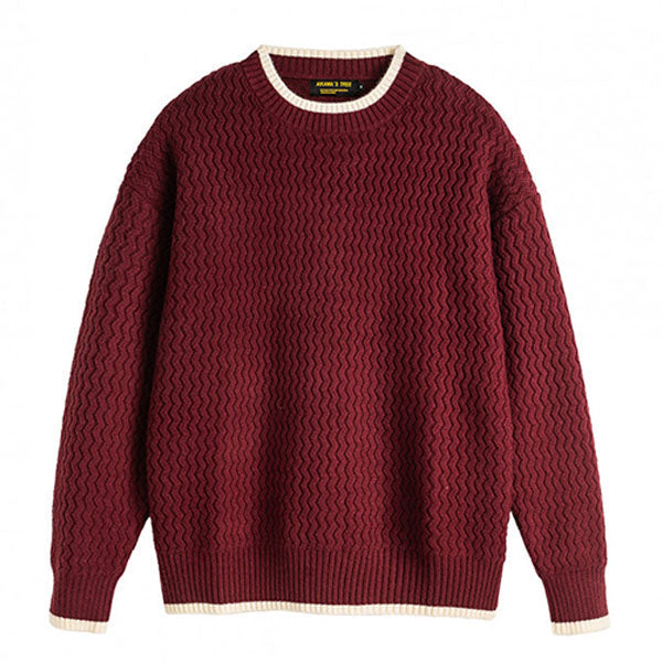 Men's relaxed fit crewneck sweater with ribbed cuffs, contrast trim, and subtle wavy texture pattern