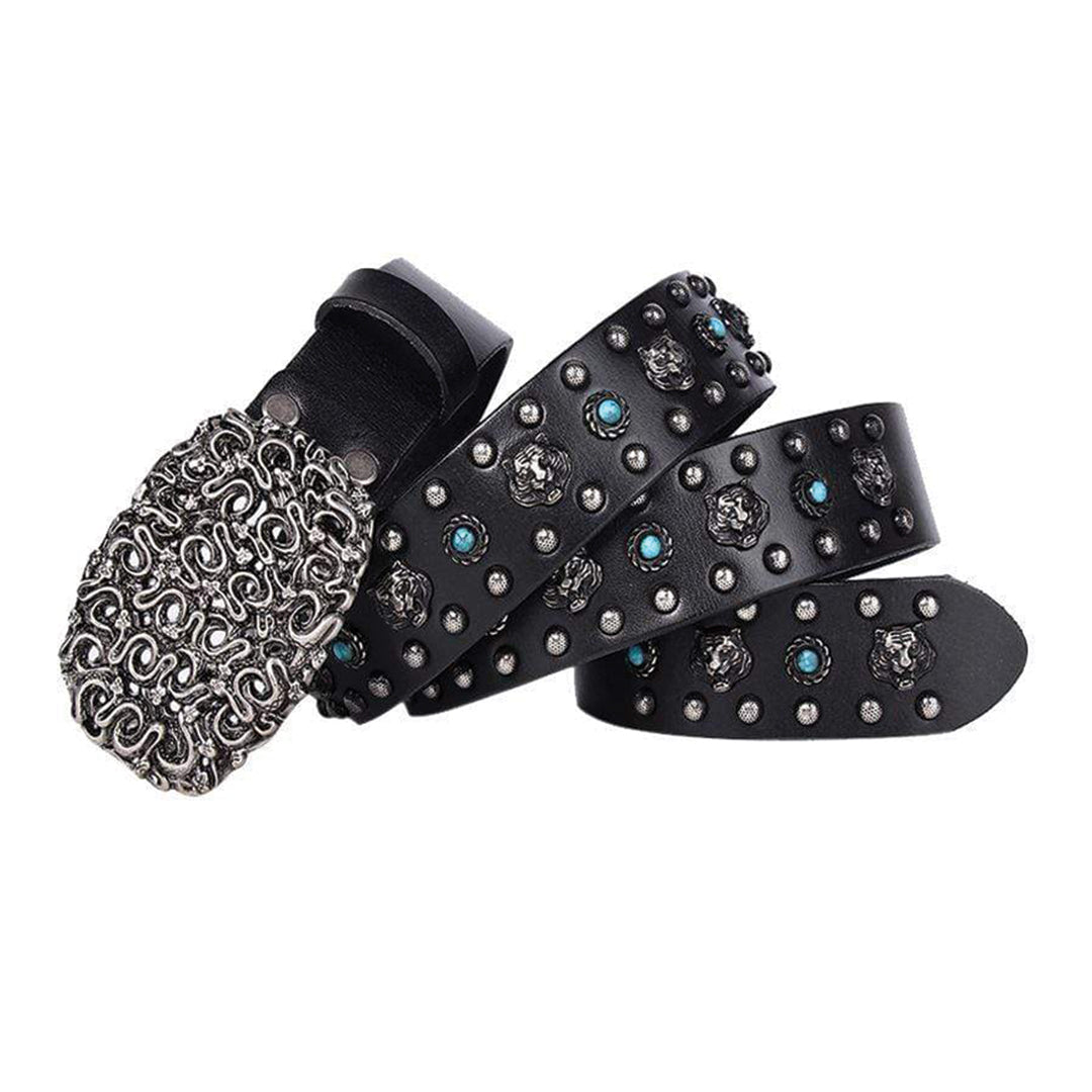 Men's rugged genuine leather belt with hand-carved tiger studs and turquoise rivets vintage style