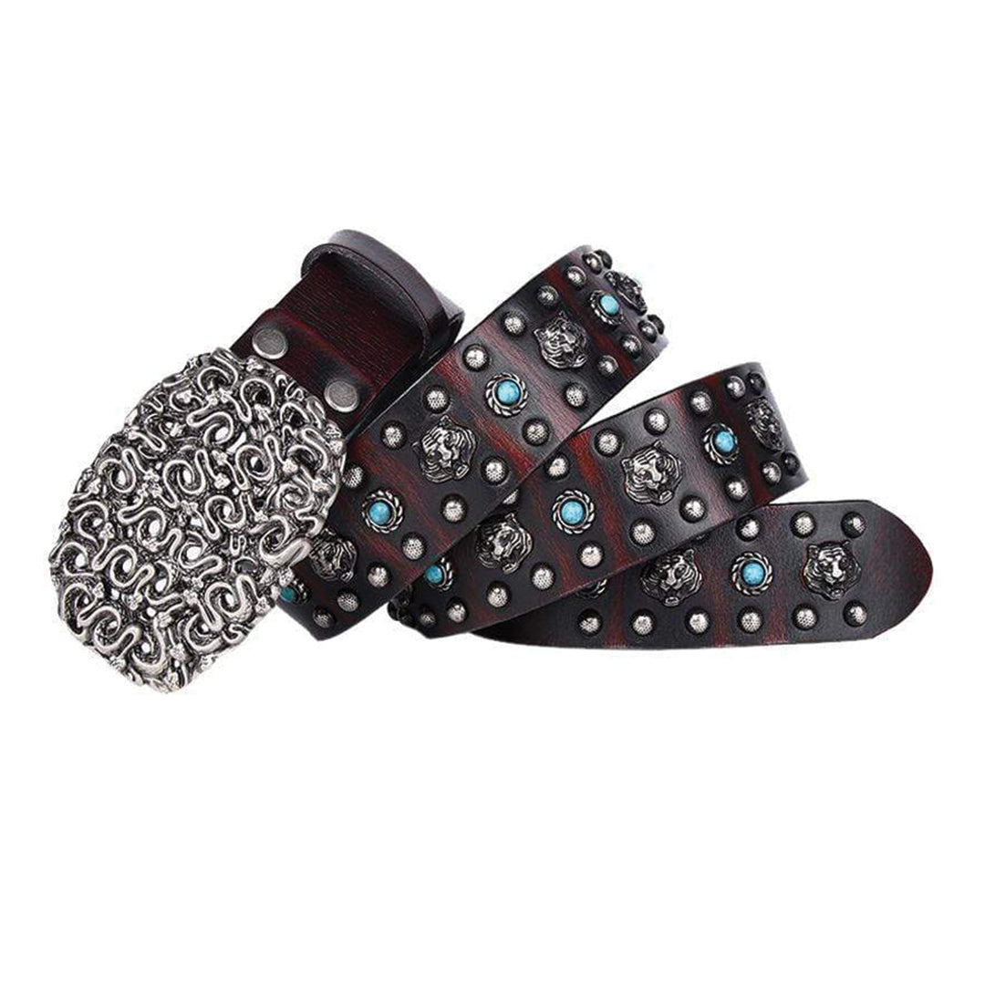 Men's rugged genuine leather belt with hand-carved tiger studs and turquoise rivets vintage style