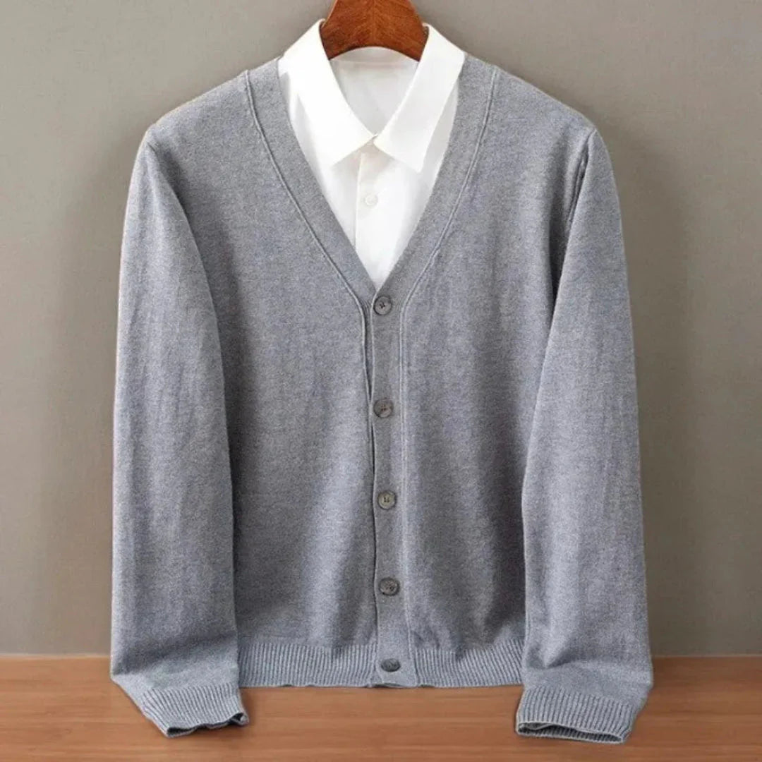 Luxurious soft cashmere button-up V-neck cardigan, breathable layering piece for modern professionals