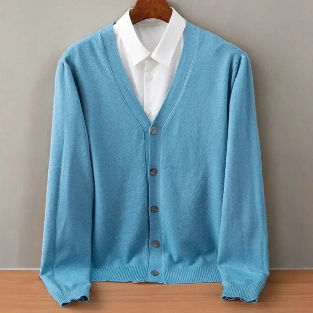 Luxurious soft cashmere V-neck button-up cardigan in neutral tones for modern professionals