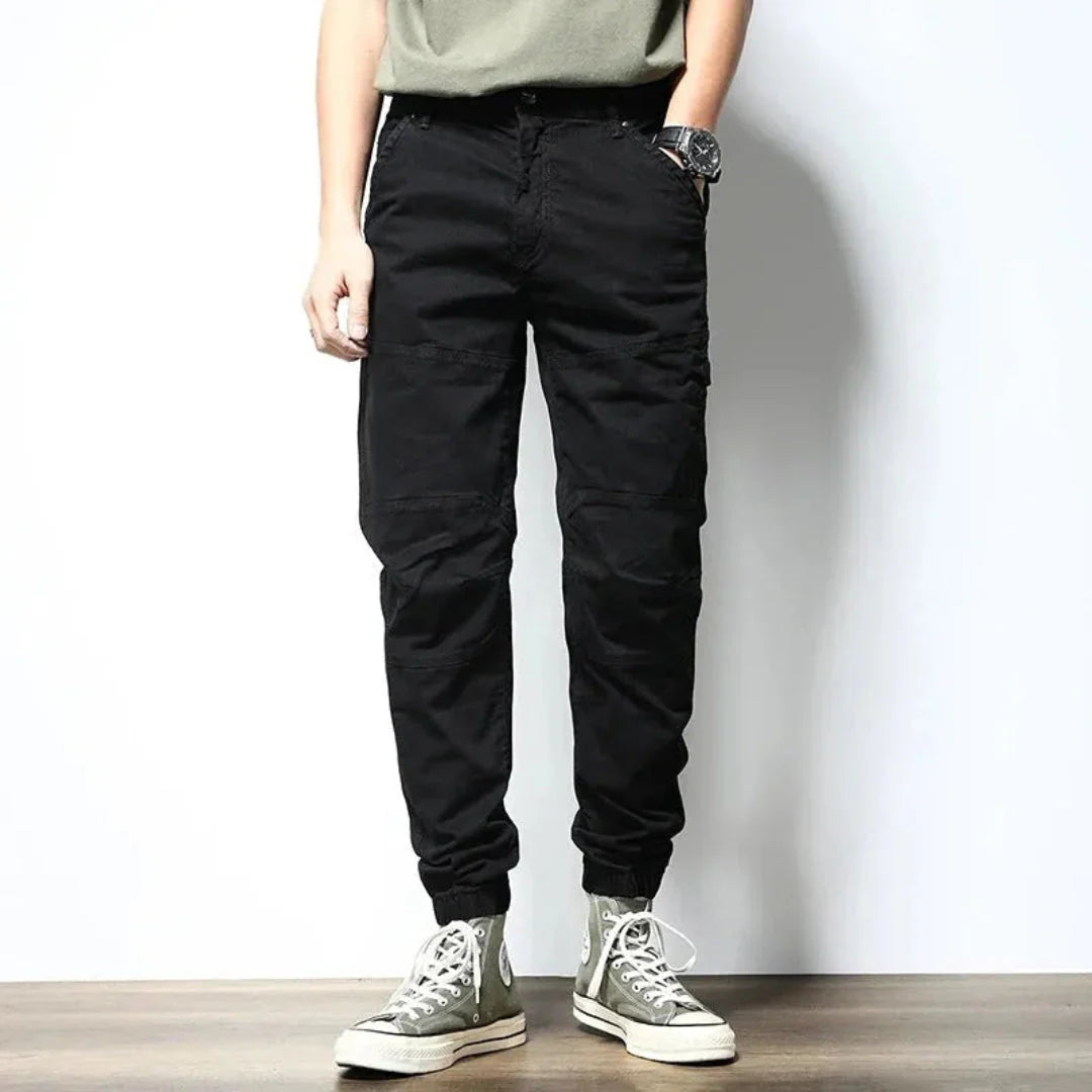 Men's khaki cotton cargo pants urban fit with reinforced knees, elastic cuffs, and stretch comfort