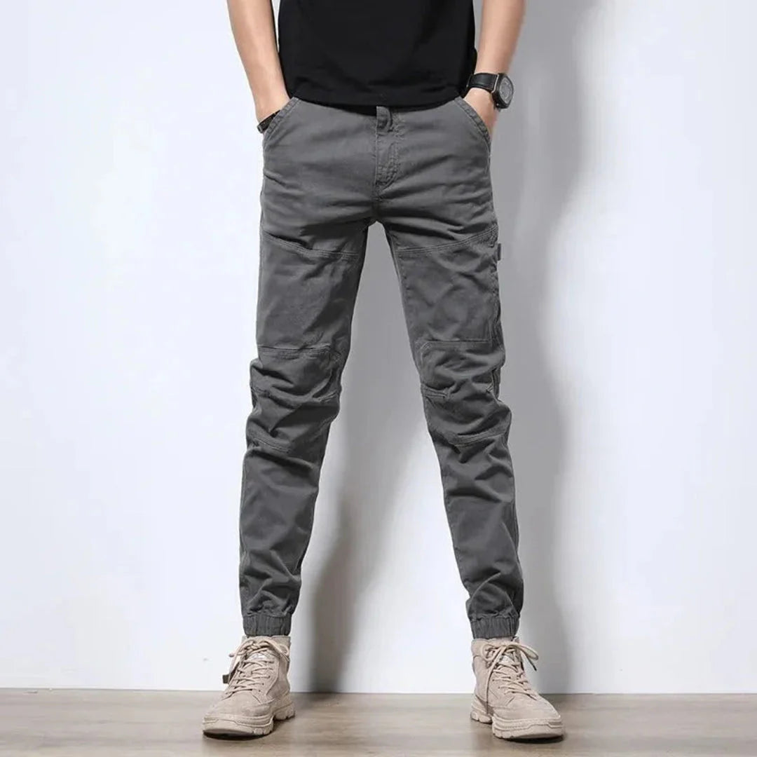 Men's olive cotton cargo pants urban fit reinforced knees elastic cuffs durable stretch everyday wear