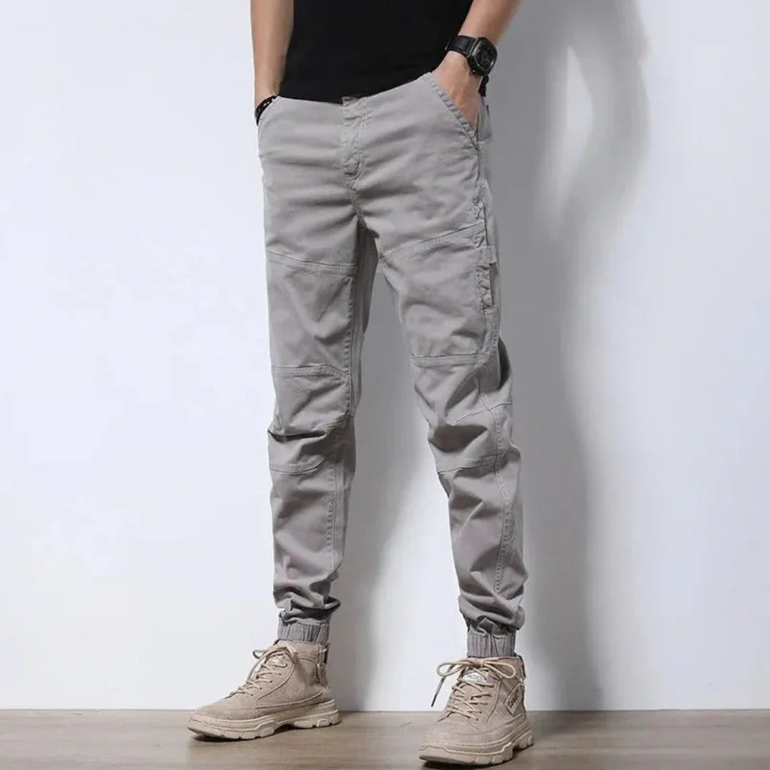 Men's olive cargo pants relaxed urban fit durable cotton-spandex with reinforced knees and elastic cuffs