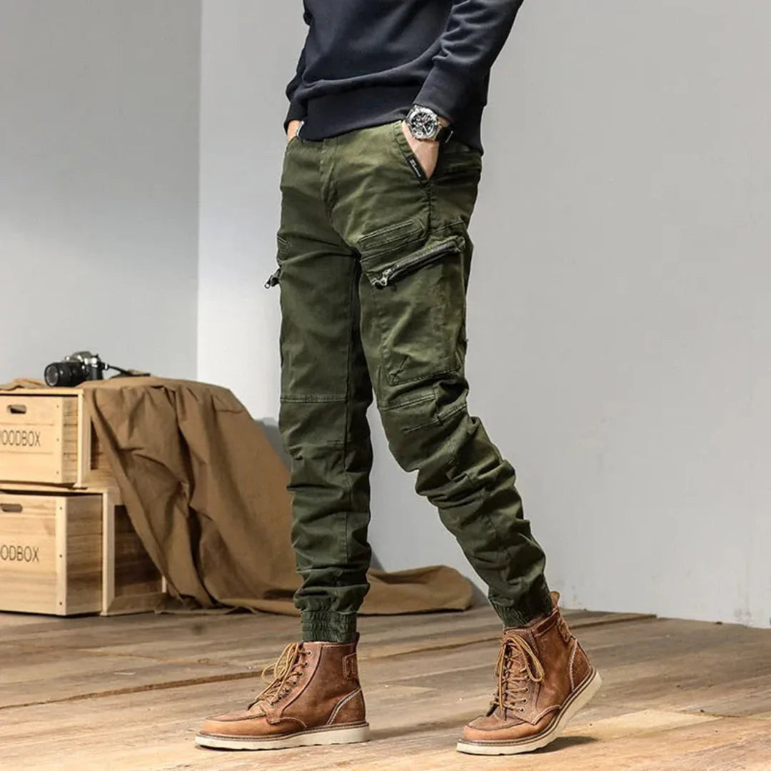 Men's olive cargo pants relaxed fit quick-dry fabric multi-pocket utility design for outdoor adventures