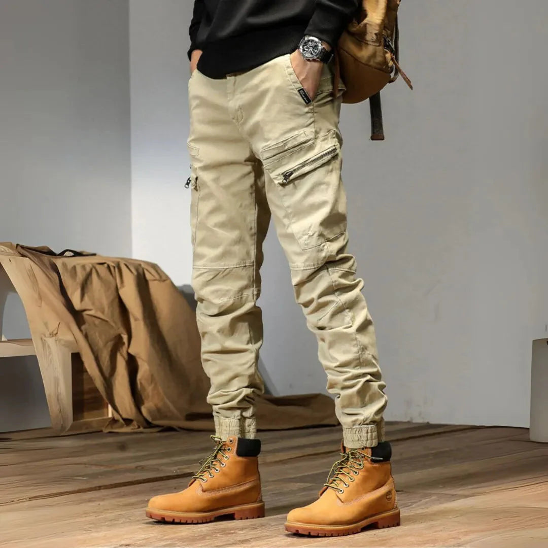 Men's olive cargo pants relaxed fit quick-dry fabric multi-pocket utility style for outdoor adventures