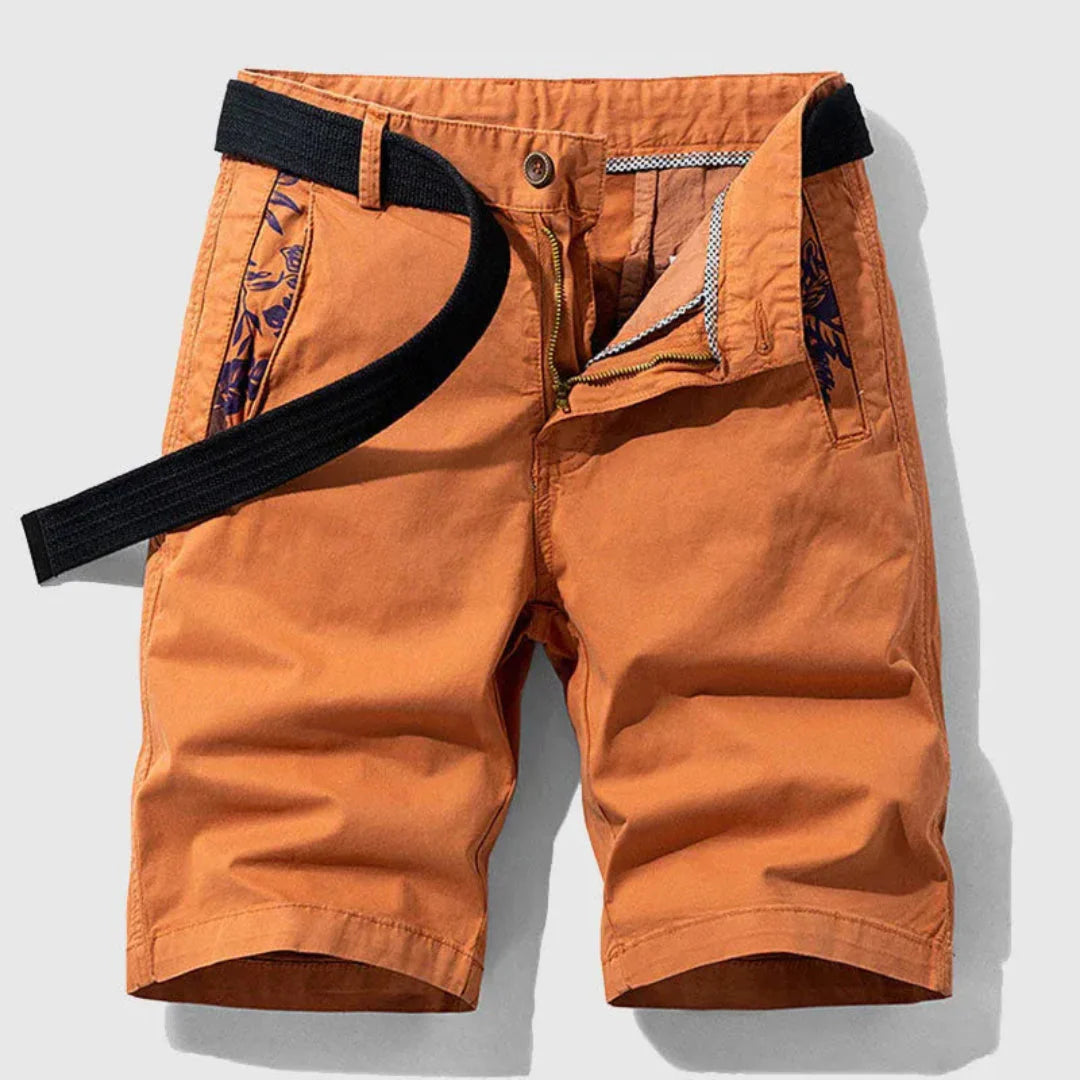 Men's cotton stretch shorts zipper fly adjustable belt floral pocket lining casual summer style