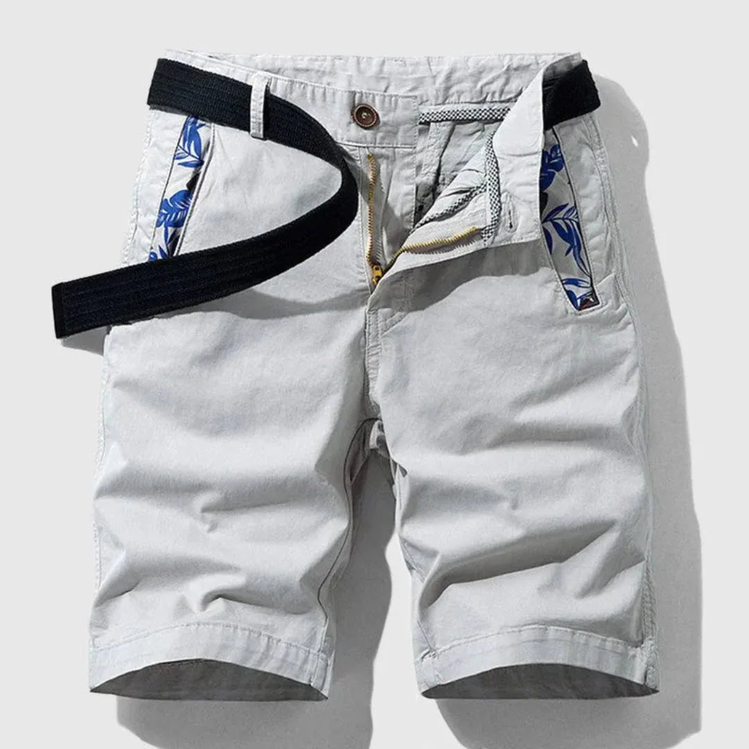 Men's beige stretch cotton shorts zipper fly adjustable belt floral pocket lining casual summer