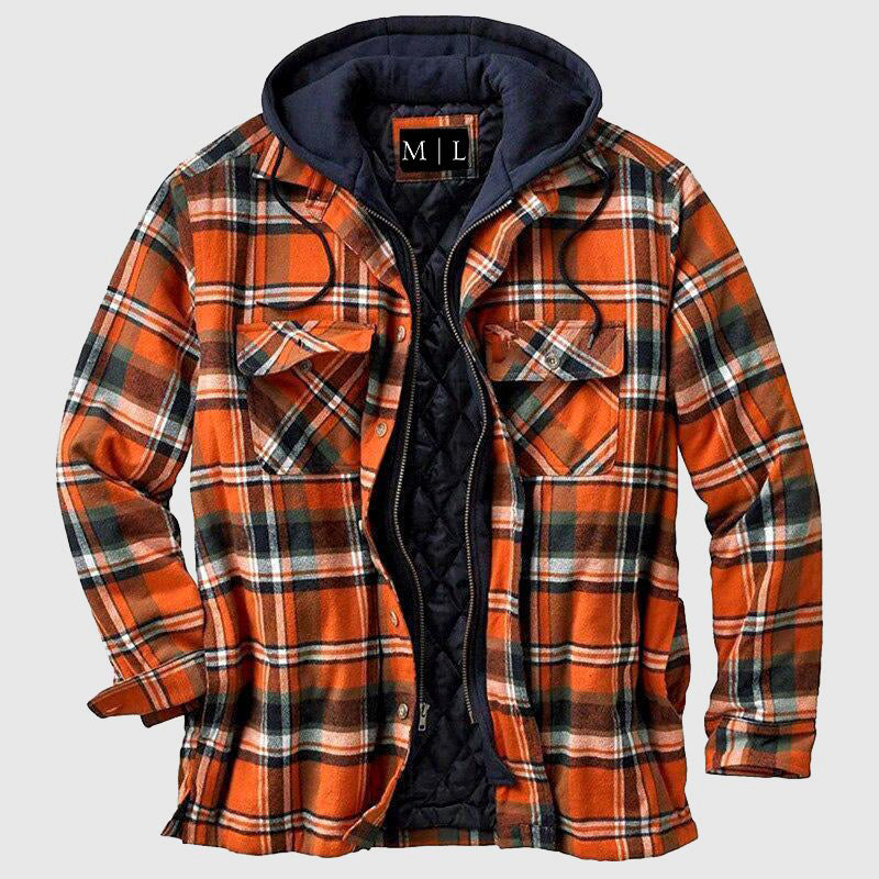 Men's red plaid lumberjack jacket, relaxed workwear fit with zipper closure and durable cotton-poly blend